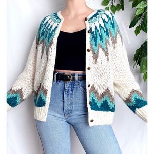 Vintage 70’s Hand Knit Retro Nordic Printed Retro Knit Cardigan